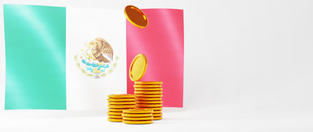 3D render of golden coins and mexico flag. Shopping online and e-commerce on web business concept. Secure online payment transaction with smartphone.の写真素材