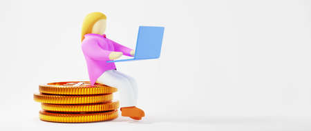 3D render of golden coins and a woman. Shopping online and e-commerce on web business concept. Secure online payment transaction with smartphone.の写真素材