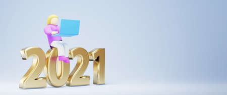 Digital Online Education. 3d of a girl is learning on computer on 2021. social distance concept. Classroom Online internet network.の写真素材