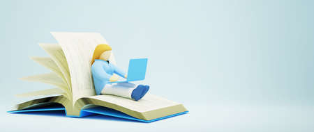 Digital Online Education. 3d of a girl is learning on computer on book. social distance concept. Classroom Online internet network.の写真素材