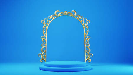 3d render of blue and gold podium. Background with geometric composition, semicircular stand. Modern design.の写真素材