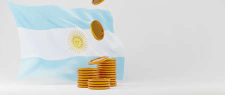 3D render of argentina flag and golden coins. Shopping online and e-commerce on web business concept. Secure online payment transaction with smartphone.の写真素材