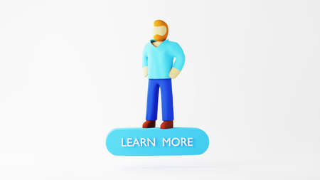 3D render of a man on learn more icon. Shopping online and e-commerce on web business concept....