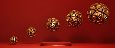 Podium, pedestal or platform, background for the presentation of cosmetic products. Place for ads. 3D rendering red stage geometry with gold. Product presentation blank podium.の写真素材