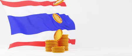 3D render of golden coins and Thailand flag. Shopping online and e-commerce on web business concept. Secure online payment transaction with smartphone.の写真素材