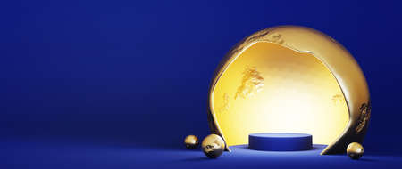 3d render of blue and gold podium. Background with geometric composition, semicircular stand. Modern design.の写真素材