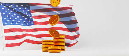 3D render of America flag and golden coins. Shopping online and e-commerce on web business concept. Secure online payment transaction with smartphone.の写真素材