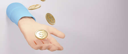 3D render of hand and golden coins. Shopping online and e-commerce on web business concept. Secure online payment transaction with smartphone.の写真素材