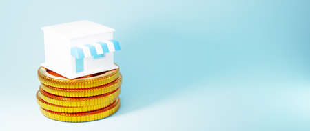 3D render of golden coins and shop. Business online and e-commerce on web shopping concept. Secure online payment transaction with smartphone.の写真素材
