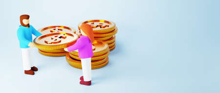 3D render of golden coins and people. Business online and e-commerce on web shopping concept. Secure online payment transaction with smartphone.の写真素材