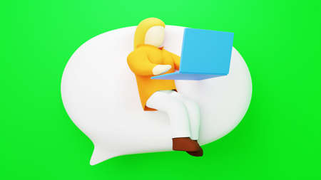 3D render of chat icon and working woman. Business online and e-commerce on web shopping concept. Secure online payment transaction with smartphone.の写真素材