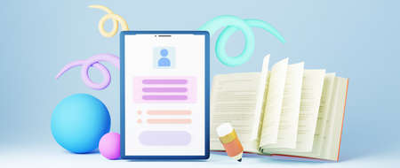 Digital Online Education. 3d of colorful book and mobile about learning on phone, computer. social...