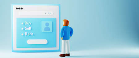 3D render of website and a man. Business online and e-commerce on web shopping concept. Secure...