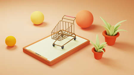 3D render of shopping online orange tone. Business online and e-commerce on web shopping concept. Secure online payment transaction with smartphone.の写真素材