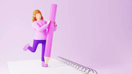 Education concept. 3d of woman and book on pink background. Modern flat design isometric concept of Education. Back to school.の写真素材