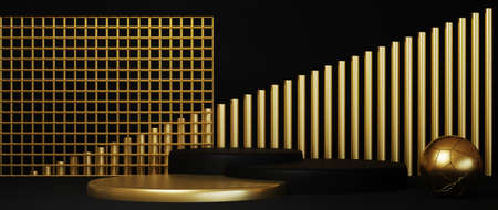 3d rendering of pedestal isolated on black background, gold frame, memorial board, abstract minimal...