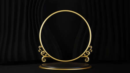 3d rendering of pedestal isolated on black background, gold frame, memorial board, abstract minimal...