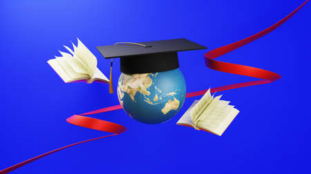Education concept. 3d of The world wears a graduate hat Surrounded by books on blue background....