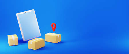 3D render of parcel boxes and mobile. Business online mobile and e-commerce on web shopping concept....