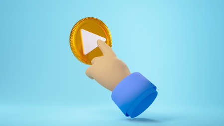 3D render of hand and golden coin. Business online mobile and e-commerce on web shopping concept....
