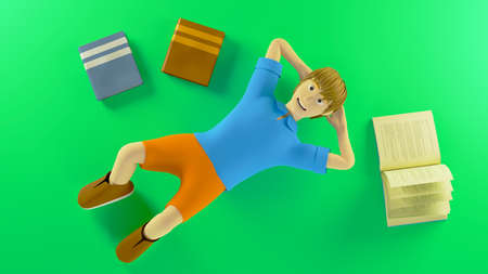 Education concept. 3d of A boy and books on green background. Modern flat design isometric concept of Education. Back to school.の写真素材