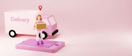 3D render of mobile and a woman taking a parcel. Business online mobile and e-commerce on web...