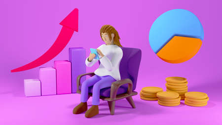 3D render of a working woman on the chair. Business online mobile and e-commerce on web shopping...