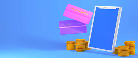 3D render of mobile and golden coins. Business online mobile and e-commerce on web shopping concept....