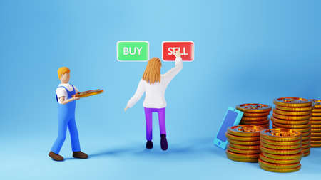 3D render of a woman and man are working. Business online mobile and e-commerce on web shopping concept. Secure online payment transaction with smartphone.の写真素材