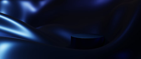 3d render of blue silk and podium. Abstract art fashion background. Scene stage platform showcase, product, presentation, cosmetic on podium.の写真素材