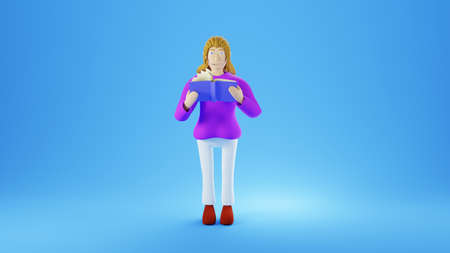 Education concept. 3d of woman reading book on blue background. Modern flat design isometric concept of Education. Back to school.の写真素材