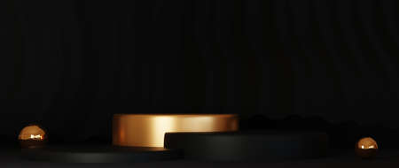 3d rendering of pedestal isolated on black background, gold frame, memorial board, abstract minimal concept, luxury minimalist mockupの写真素材