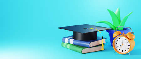 Education concept. 3d of books and graduation hat on blue background. Modern flat design isometric...
