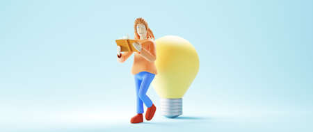 Education concept. 3d of woman read book and bulb on blue background. Modern flat design isometric concept of Education. Back to school.の写真素材