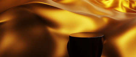 3d render of gold silk and podium. Abstract art fashion background. Scene stage platform showcase, product, presentation, cosmetic on podium.の写真素材