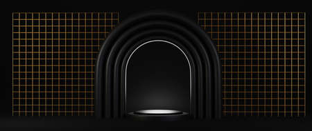 3d rendering of pedestal isolated on black background, gold frame, memorial board, abstract minimal concept, luxury minimalist mockupの写真素材