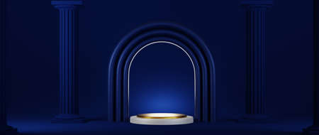 3d render of blue and gold podium. Background with geometric composition, semicircular stand. Modern design.の写真素材