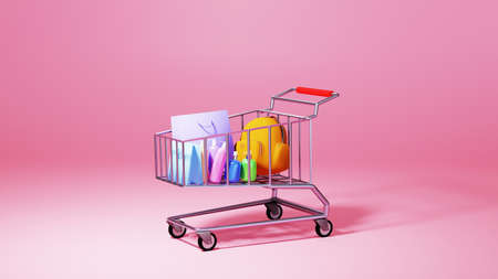3D render of goods and trolley. Business online mobile and e-commerce on web shopping concept....