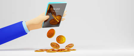 3D render of hand of business man and golden coins in mobile. Business online mobile and e-commerce...