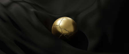 3d render of gold ball and black cloth. iridescent holographic foil. abstract art fashion background.の写真素材