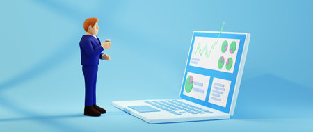 3D render of businessman use notebook. Business online mobile and e-commerce on web shopping concept. Secure online payment transaction with smartphone.の写真素材