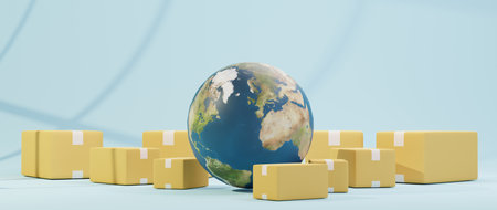 3D render of world and Parcel box. Business online mobile and e-commerce on web shopping concept. Secure online payment transaction with smartphone.の写真素材