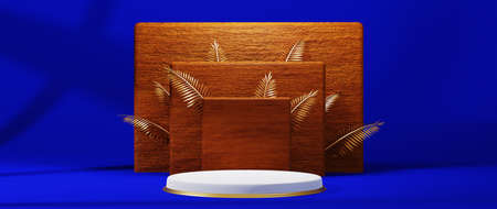 3d render of blue and gold podium. Background with geometric composition, semicircular stand. Modern design.の写真素材