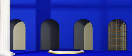 3d render of blue and gold podium. Background with geometric composition, semicircular stand. Modern...