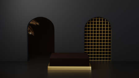 3d rendering of black podium pedestal isolated on black background, gold frame, memorial board, abstract minimal concept, luxury minimalist mockupの写真素材