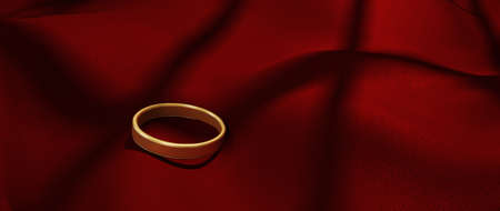 3d render of golden ring and red cloth. iridescent holographic foil. abstract art fashion background.の写真素材
