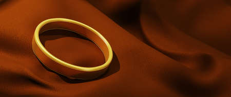 3d render of golden ring and brown cloth. iridescent holographic foil. abstract art fashion background.の写真素材