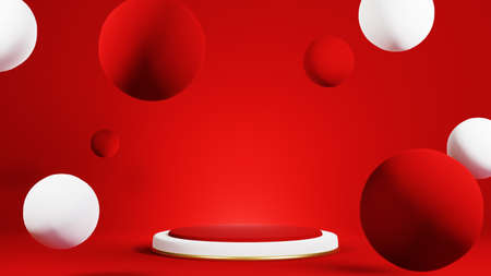Podium, pedestal or platform, red background for the presentation of cosmetic products. Place for ads. 3D rendering stage geometry with gold. Product presentation blank podium.の写真素材