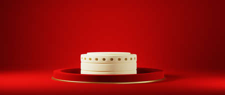 Podium, pedestal or platform, red background for the presentation of cosmetic products. Place for...