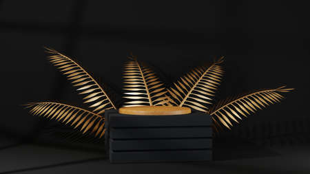 3d rendering of black podium pedestal isolated on black background, gold frame, memorial board, abstract minimal concept, luxury minimalist mockupの写真素材